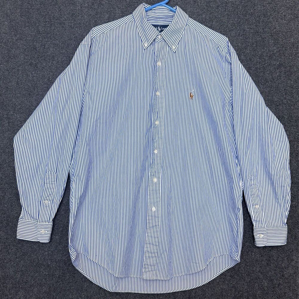 Ralph Lauren Yarmouth Shirt Men 15.5 33 Blue White Stripe Flesh Pony Preppy